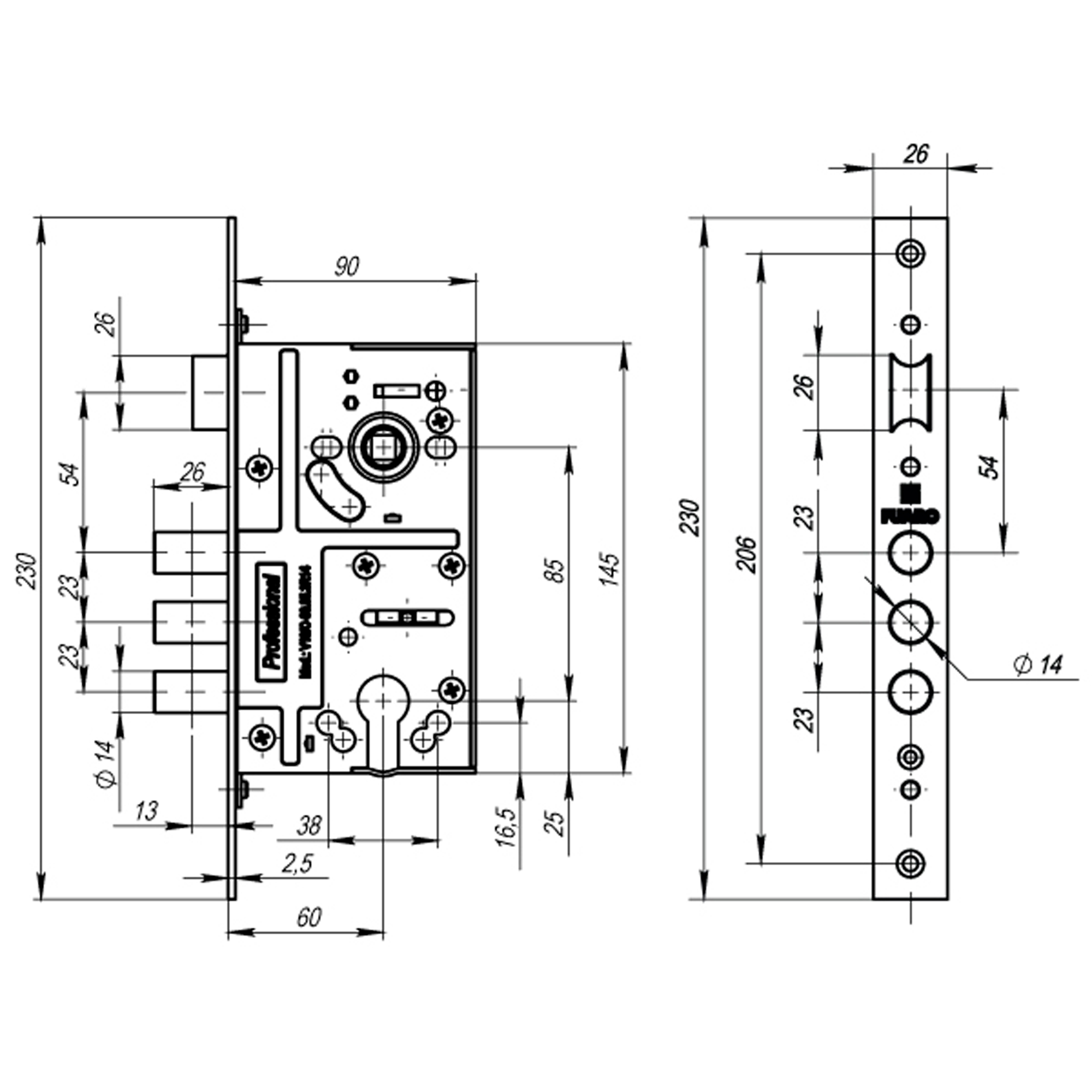 Корпус Fuaro (Фуаро) врезного замка c защёлкой MDV10/C-60.85.3R14 - Вид 2