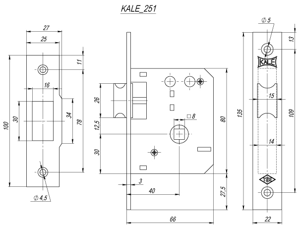 Защелка Kale kilit (Кале килит) врезная 251/R (40 mm) (латунь) - Вид 2