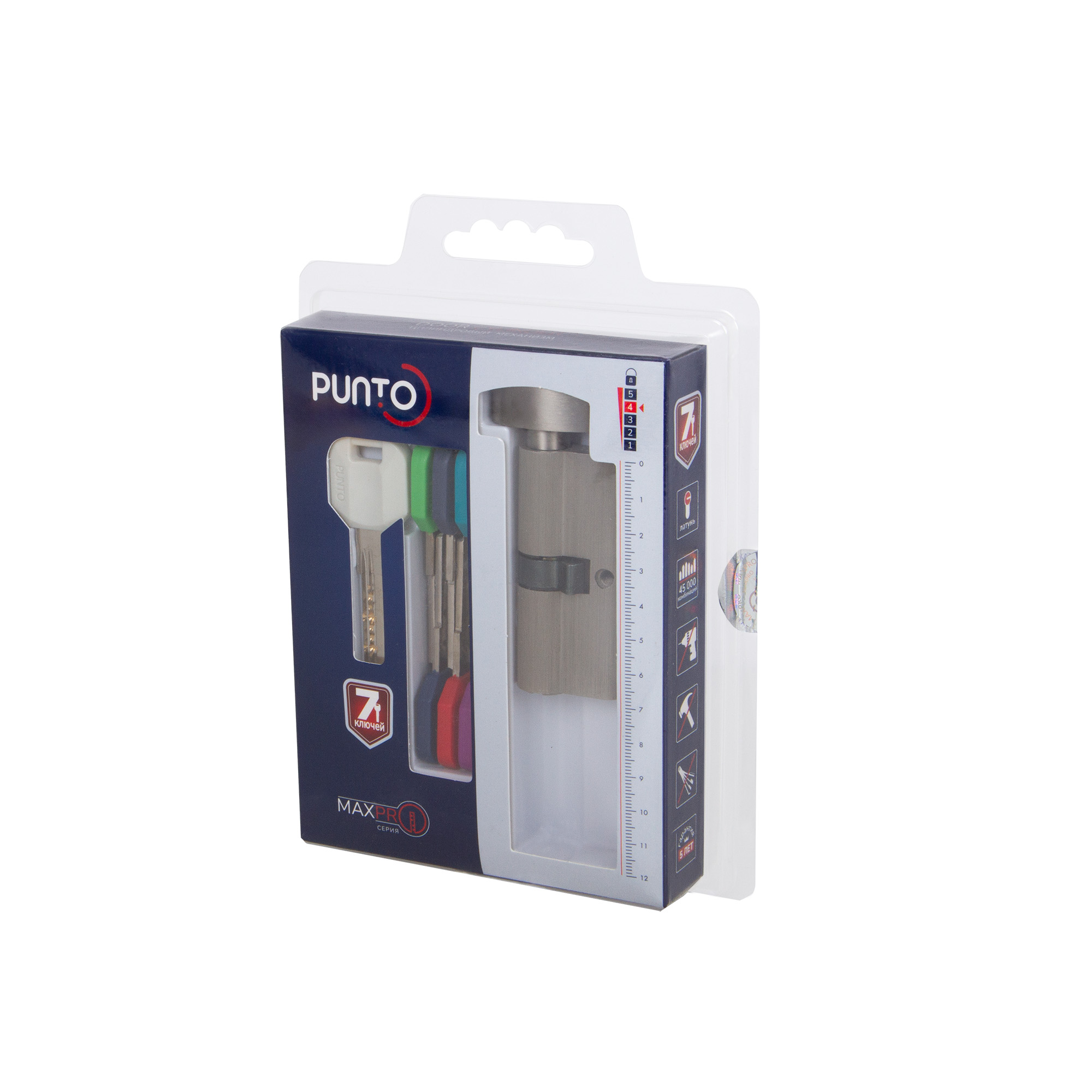 Цилиндровый Punto (Пунто) механизм MaxPro7002Knob90mm(30+10+50) SN никель 7key с вертушкой - Вид 3