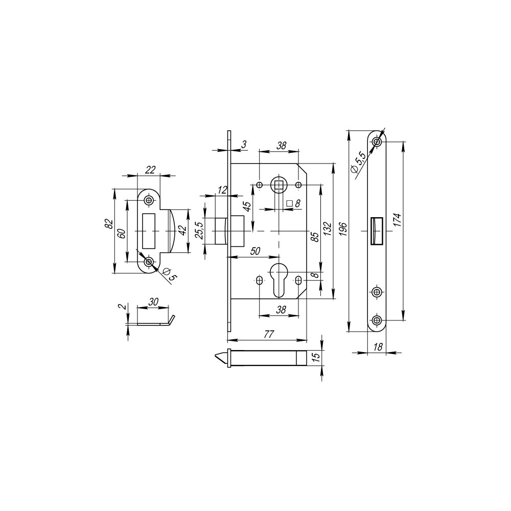 Корпус Fuaro (Фуаро) врезного замка c защёлкой PLASTP85C-50 (P85C-50) SSC сатинированный хром - Вид 2