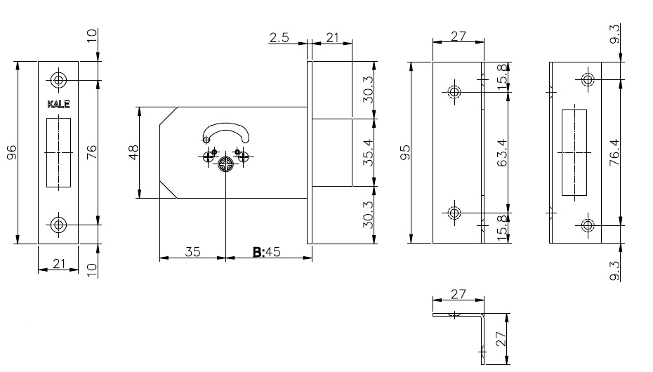 Замок Kale kilit (Кале килит) врезной крестообразный 156/F (45 mm), 5 кл. STB 156F0000004 - Вид 2
