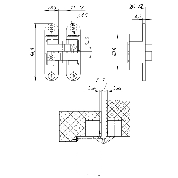 Петля Armadillo (Армадилло) скрытой установки U3D4200L AB левая (Architect 3D-ACH 40) бронза 40 кг - Вид 2