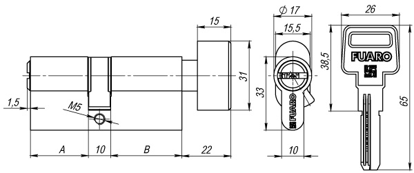 Цилиндровый Fuaro (Фуаро) механизм (R602) R6002Knob68(26+10+32) CP хром 5Key с вертушкой - Вид 2