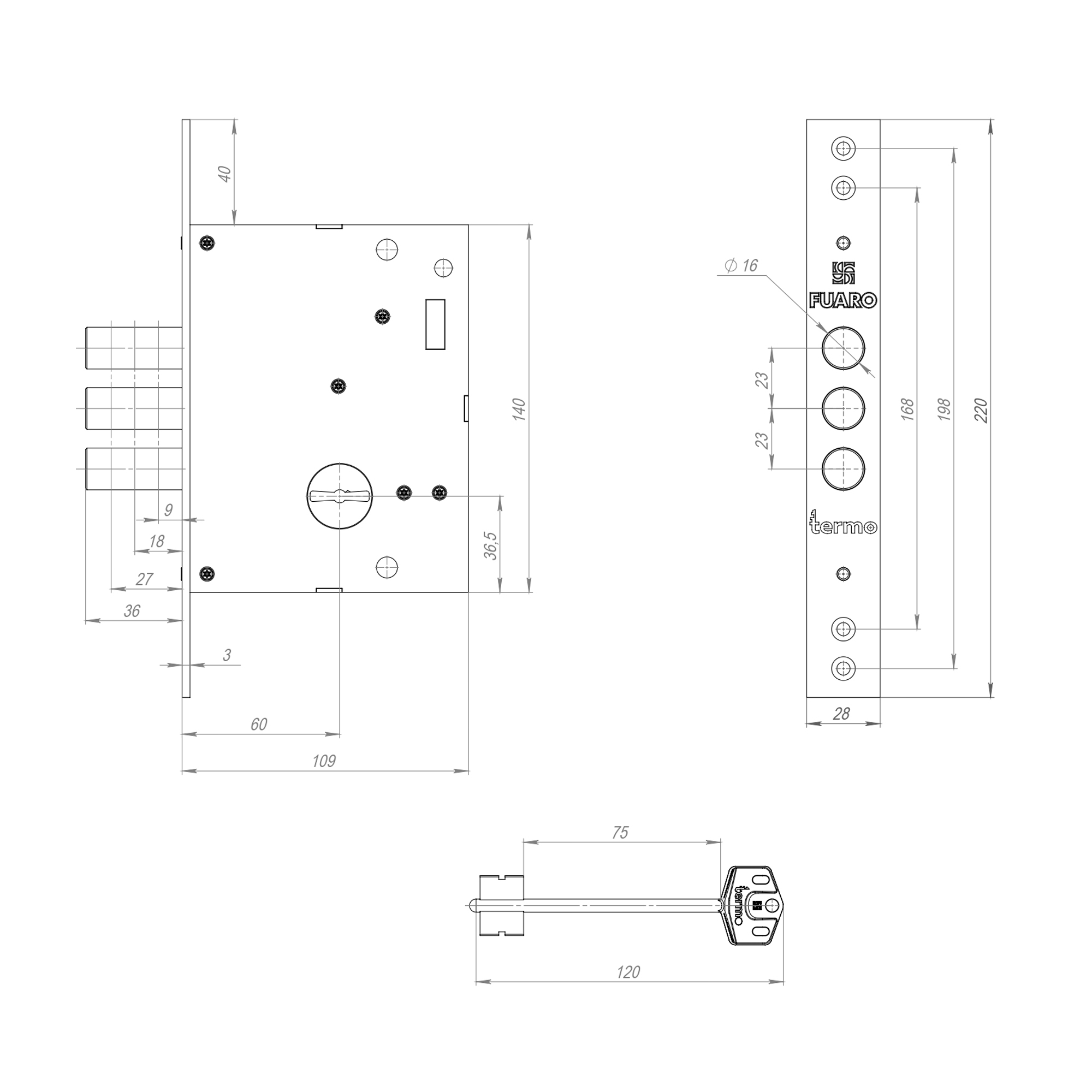 Замок Fuaro (Фуаро) врезной сувальдный TERMO MDV25/S-60.00.3R16 4 key (ключ удл. 120/75 мм) - Вид 2