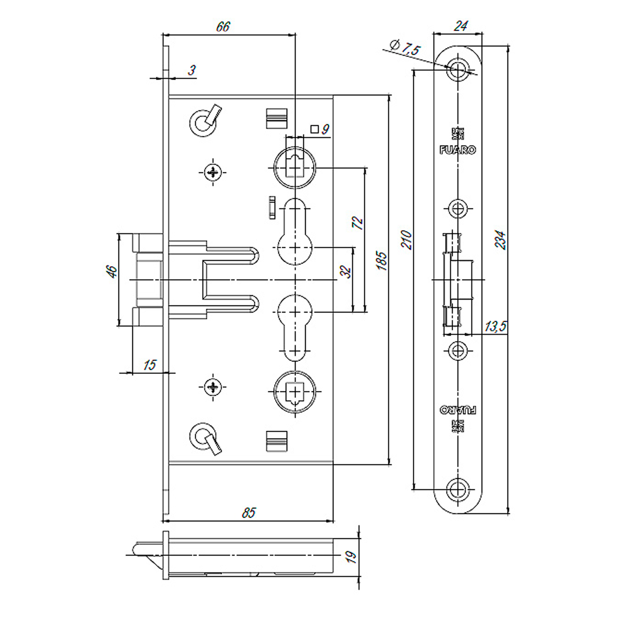 Корпус Fuaro (Фуаро) врезного замка c защёлкой FP.C-65.72-0432 (FL-0432) - Вид 2