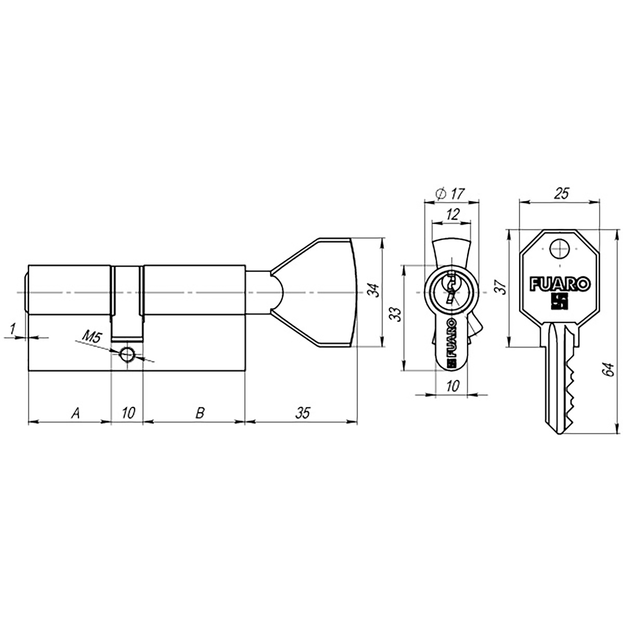 Цилиндровый Fuaro (Фуаро) механизм (100 CM/80) 1000CMKnob80(35+10+35) CP хром 3Key с вертушкой - Вид 2