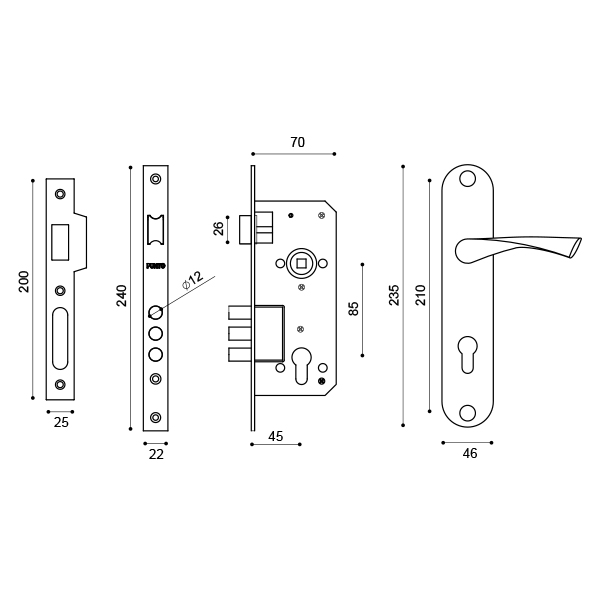 Замок Punto (Пунто) цилиндровый в комплекте с ручкой LOCKSET90.CRONA.4585-3 (KIT P90 4585/3 CRONA) SN мат.никель - Вид 3