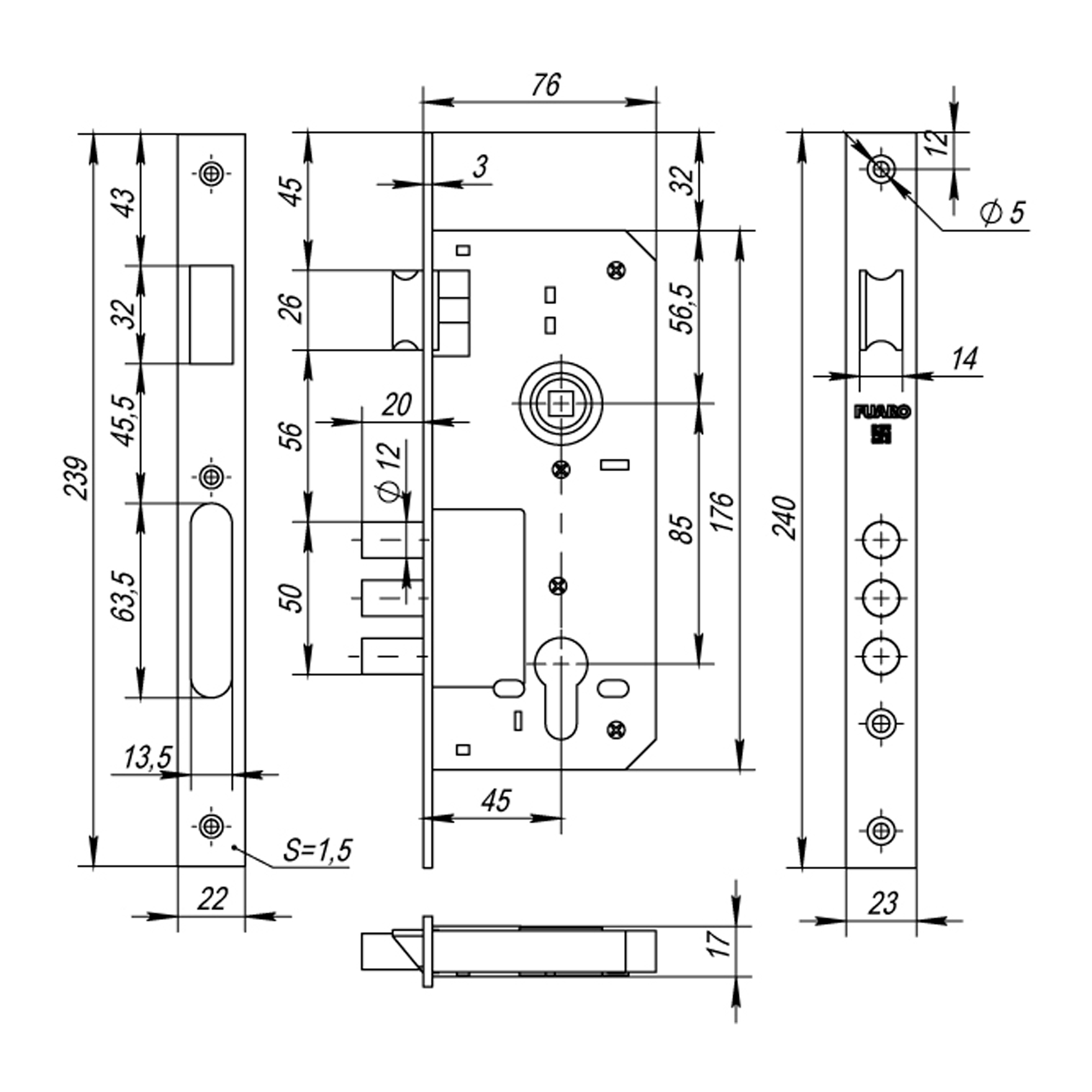 Корпус Fuaro (Фуаро) врезного замка с защёлкой DD900/C-45.85.3MR (900 3MR W/B) PB латунь - Вид 2