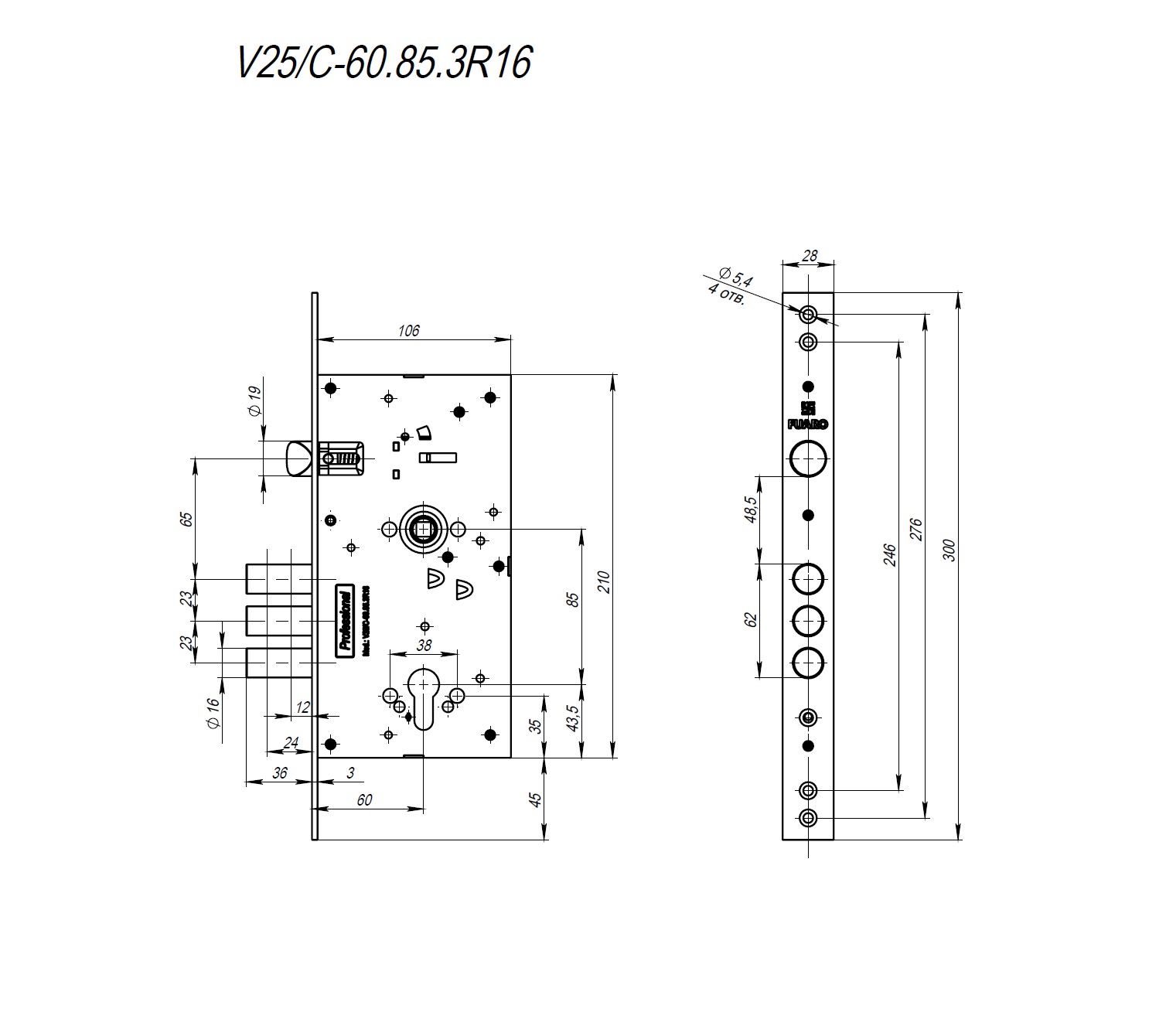 Корпус Fuaro (Фуаро) врезного замка c защёлкой MDV25/C-60.85.3R16 - Вид 2