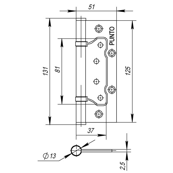 Петля Punto (Пунто) универсальная без врезки IN5200W AB (200-2B 125x2,5) бронза - Вид 2