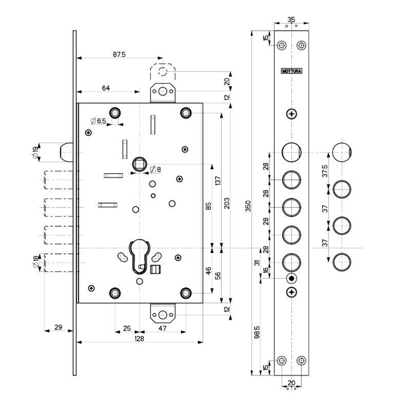 Корпус Mottura (Моттура) врезного замка с защёлкой 82.535W800B Универсальный - Вид 2