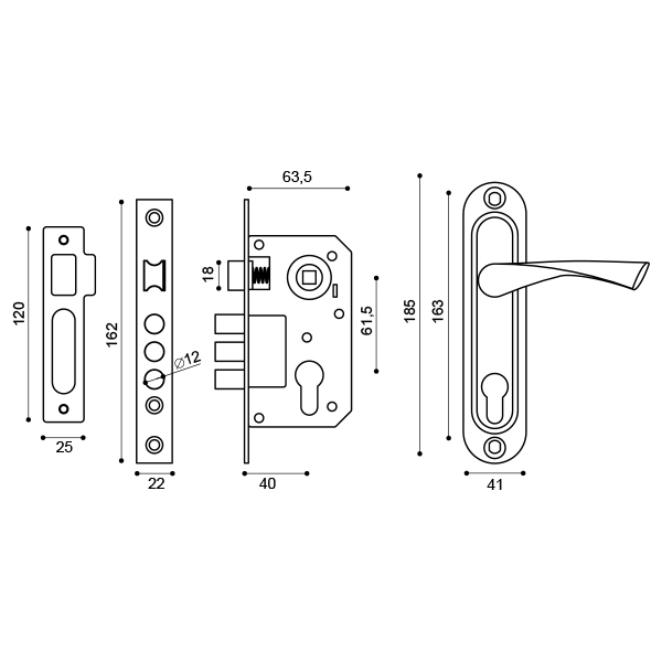 Замок Punto (Пунто) цилиндровый в комплекте с ручкой LOCKSET15.CRONA.4061-3 (KIT P15 4061/3 CRONA) SN мат.никель - Вид 3