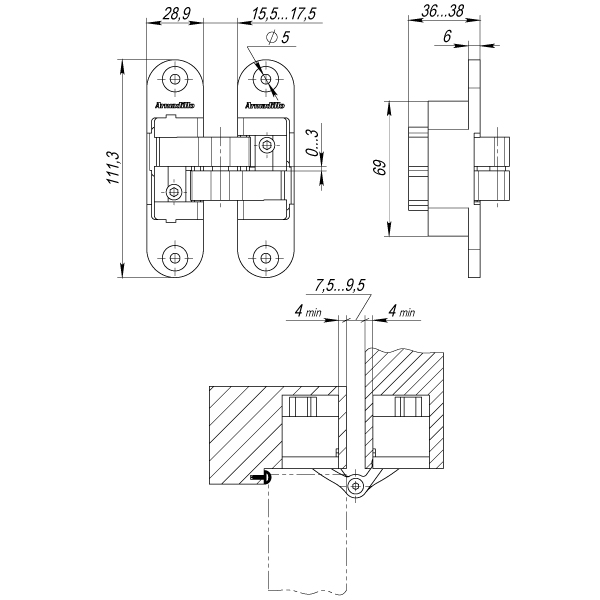 Петля Armadillo (Армадилло) скрытой установки U3D6200L AB левая (Architect 3D-ACH 60) бронза 60 кг - Вид 2