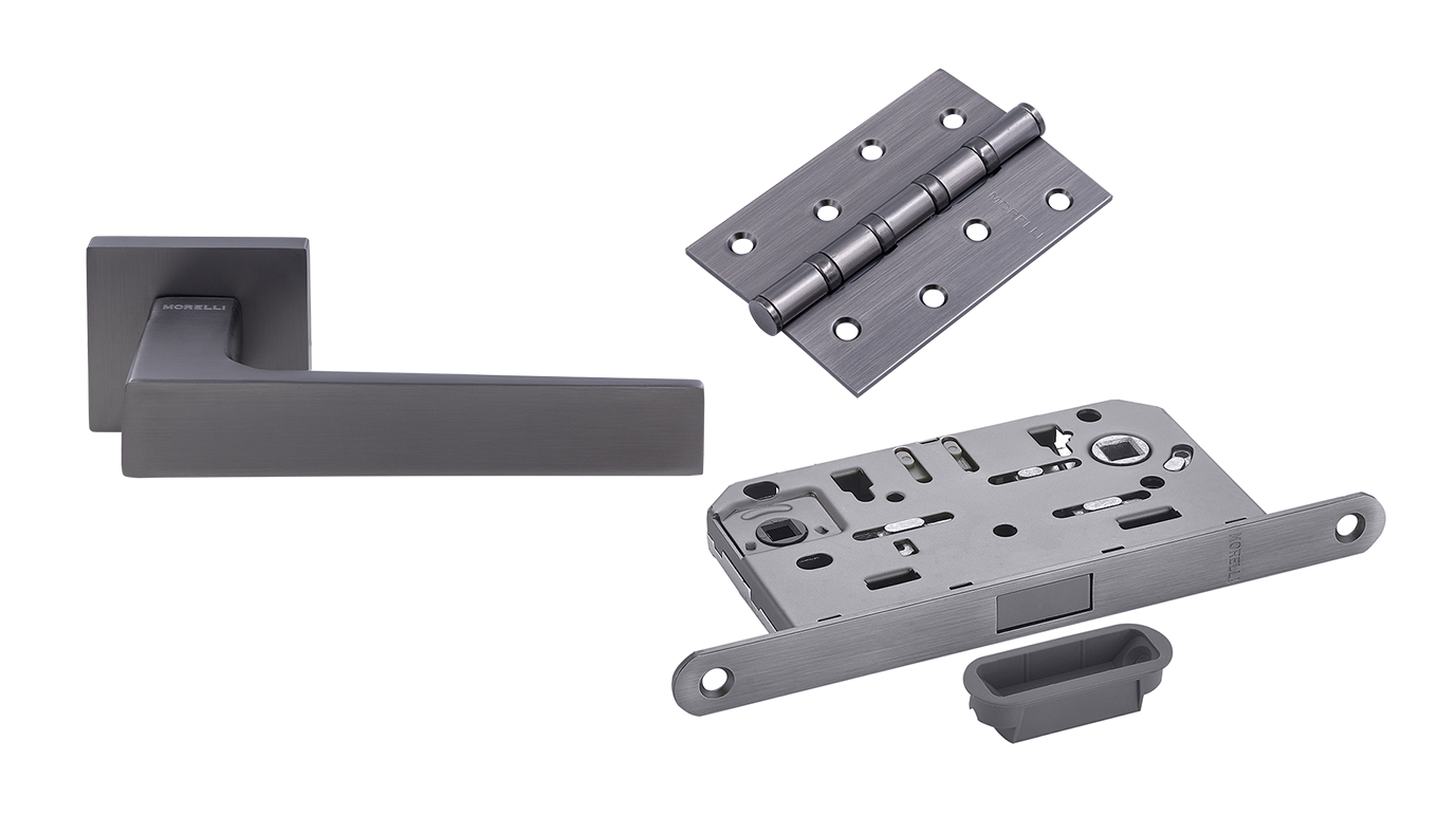 Комплект дверных ручек MH-54-S6 GR + защёлка бесшумная M1895P GR + петли врезные универсальные MSN 100X70X2.5-4BB GR (2шт), цвет кофе