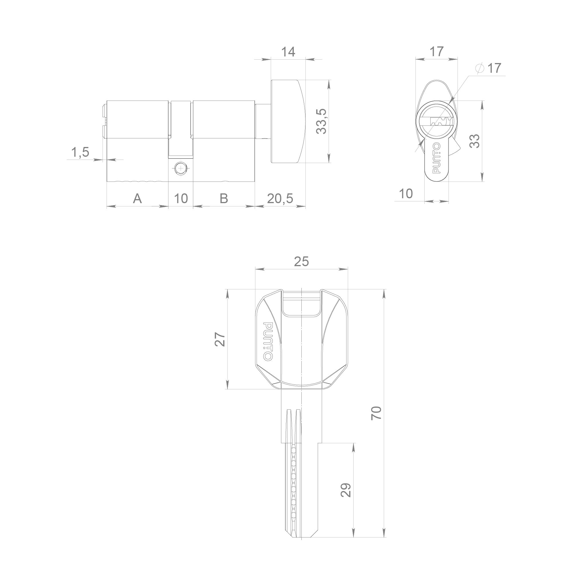 Цилиндровый Punto (Пунто) механизм (Z402/60) Z4002Knob60(25+10+25) с вертушкой PB латунь - Вид 2