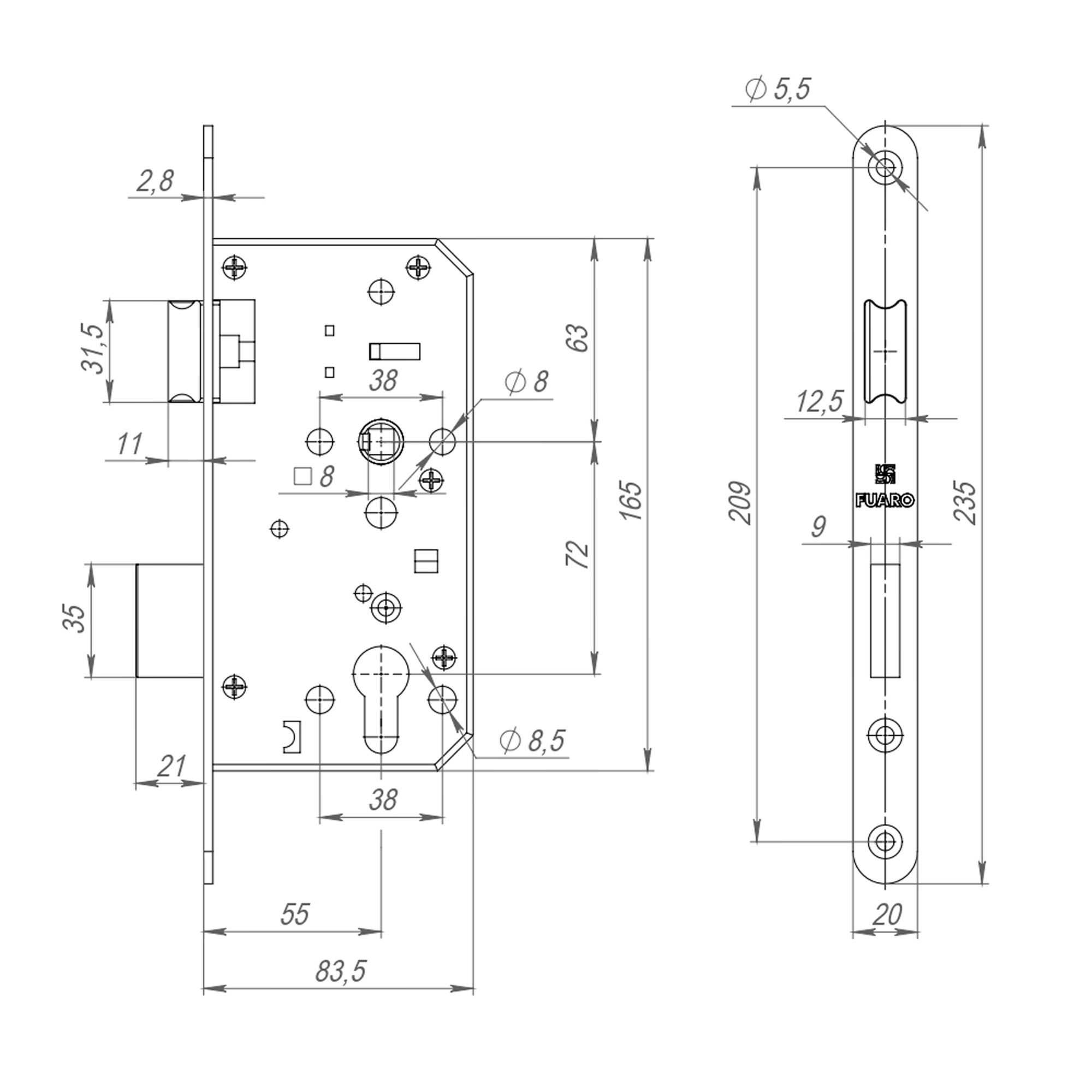 Замок Fuaro (Фуаро) врезной DD.INOX/C-55.72 (лиц.планка 20 мм) - Вид 2