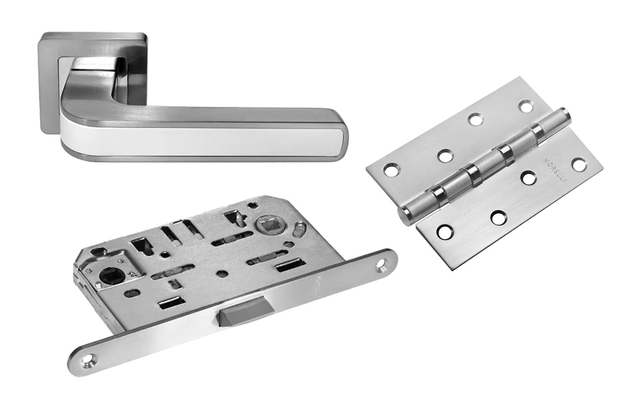 Комплект дверных ручек MH-46 SC/W-S55 + завертка сантехническая MH-WC-S55 SC/CP + защёлка бесшумная 1895P SC + петли врезные универсальные MSN 100X70X2.5-4BB SC (2шт), цвет хром