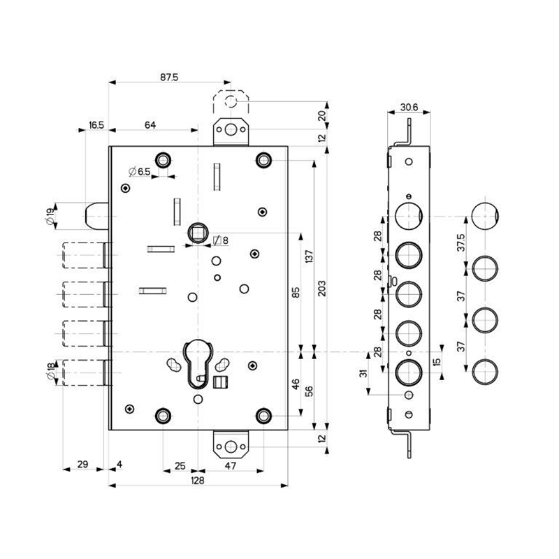 Корпус Mottura (Моттура) врезного замка с защёлкой 82.515W800B Универсальный - Вид 2