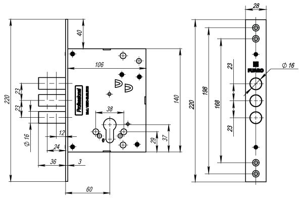 Корпус Fuaro (Фуаро) врезного замка MDV25/C-60.00.3R16 - Вид 2
