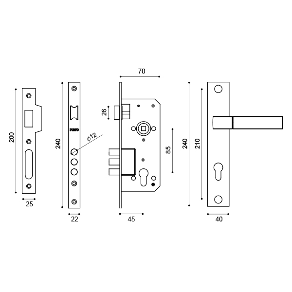 Замок цилиндровый Punto (Пунто) с ручкой LOCKSET90.ORION.4585-3 (KIT P90 4585/3 ORION) SN/CP мат.никель/хром - Вид 3