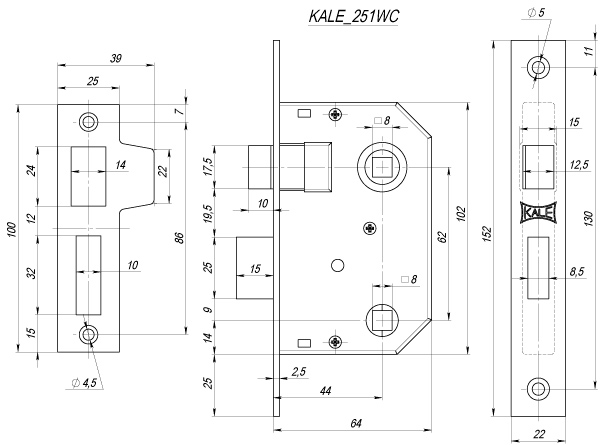 Защелка Kale kilit (Кале килит) врезная 251 WC (44 mm) (латунь), прав. - Вид 2